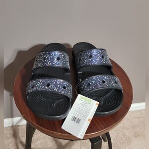 NWT Crocs Classic Starry Glitter Sandals Double Strap Slides Black Size 11